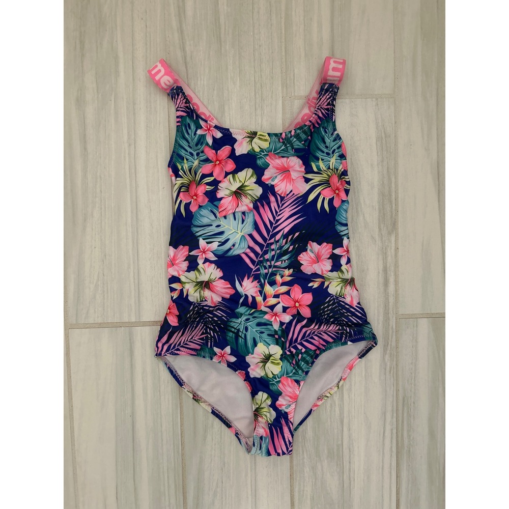Girls Tropical Floral One Piece Swimsuit Summer Vibes Pink Crossback Navy Pink - Picture 1 of 4